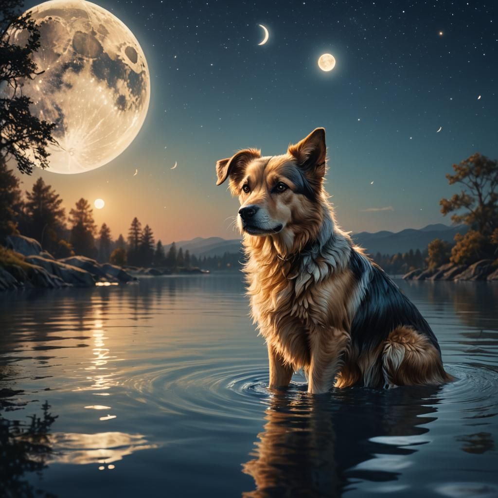 Dog Stares at Moonlit Water: Fantasy Concept Art