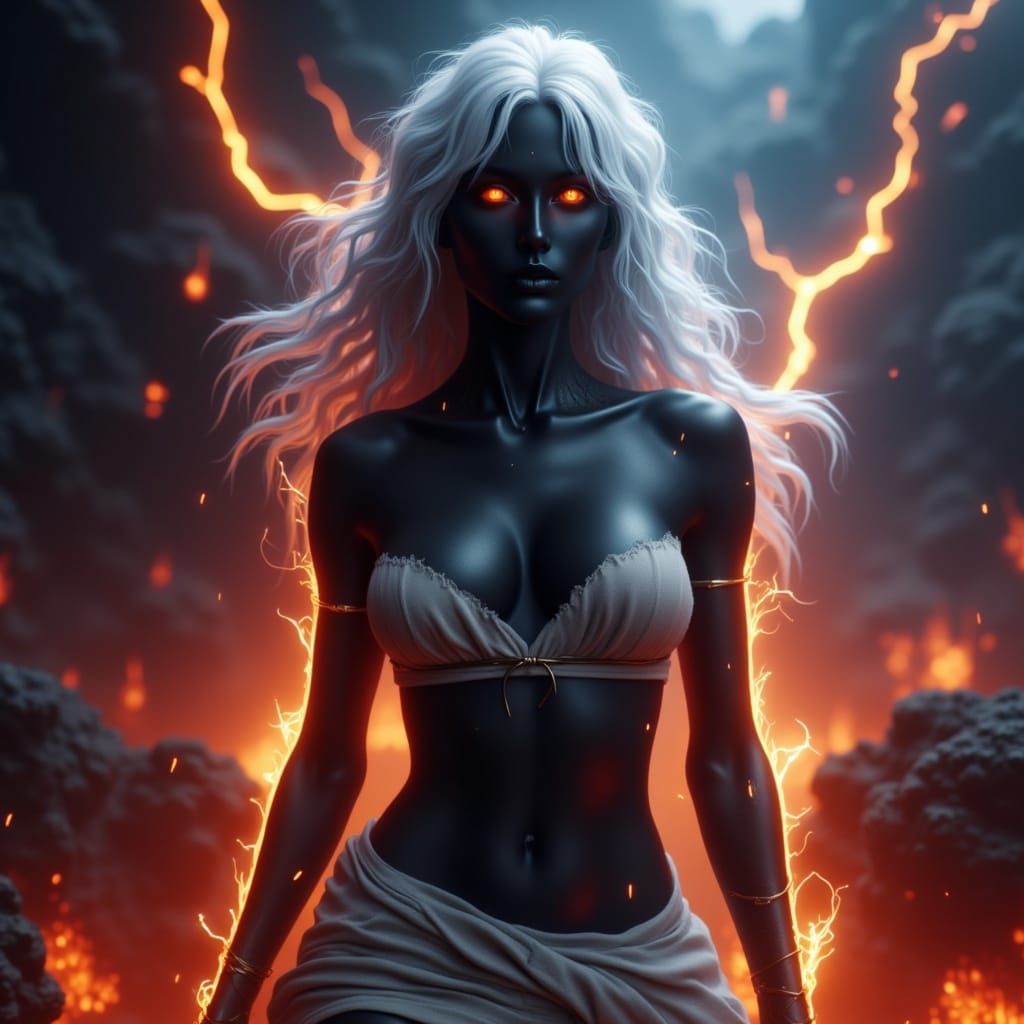 Ultra-Hyper-Realistic Shadow Elf Goddess in Fiery Hellscapes