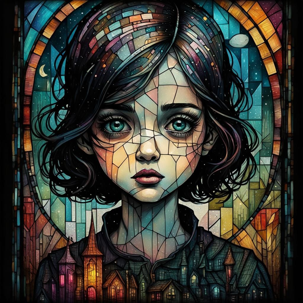 Stained Glass Girl in Vintage Retro Style