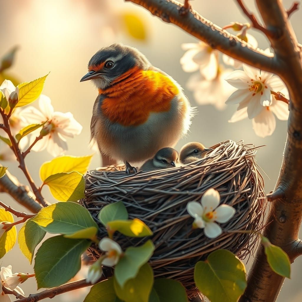 Proud Robin Watches Over Nest in Golden Light