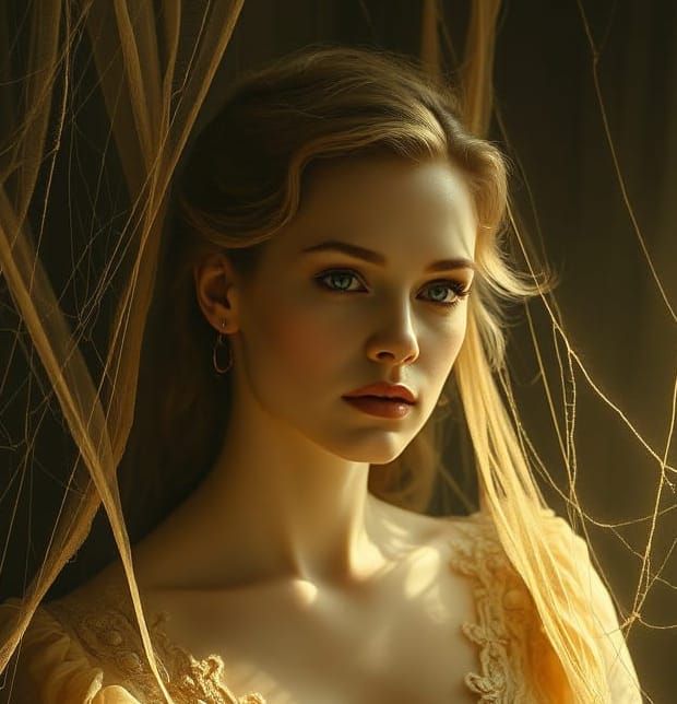 Gothic Oil Painting of Scarlet Johannsen in Cobwebbed Opulen...