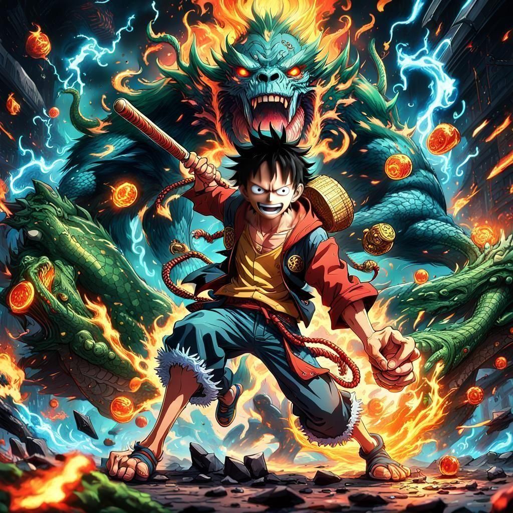 Epic Battle: Luffy vs Dragon in Sci-Fi Style
