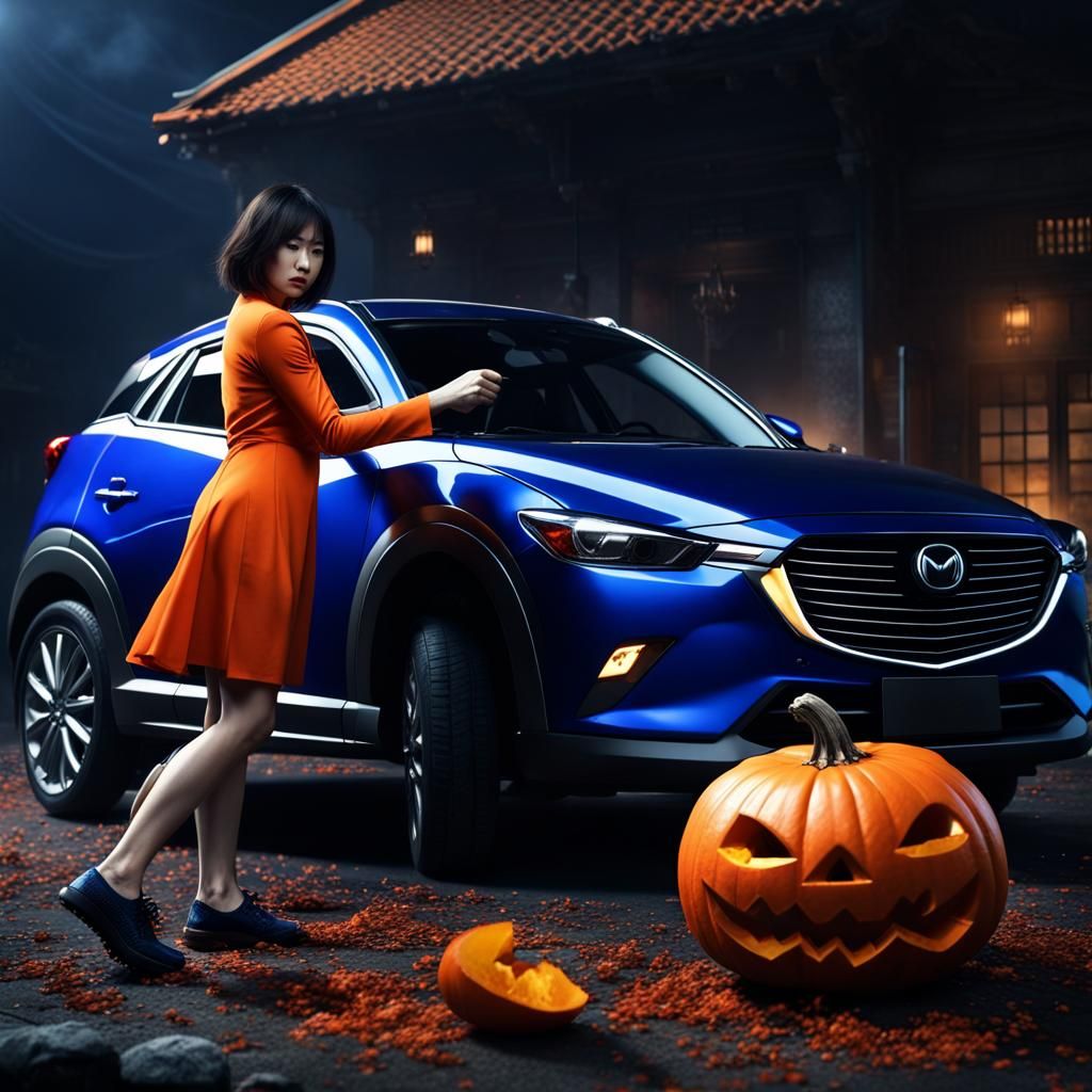 Woman Carving Pumpkin in Dark Cinematic Style