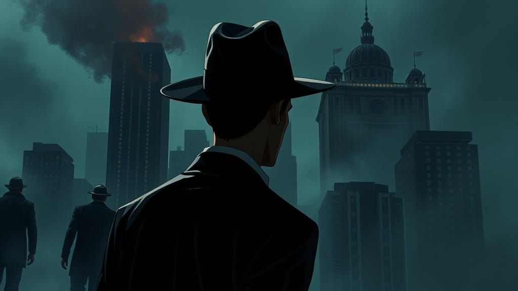 Dark Anime: Fedora Man in Misty Cityscape