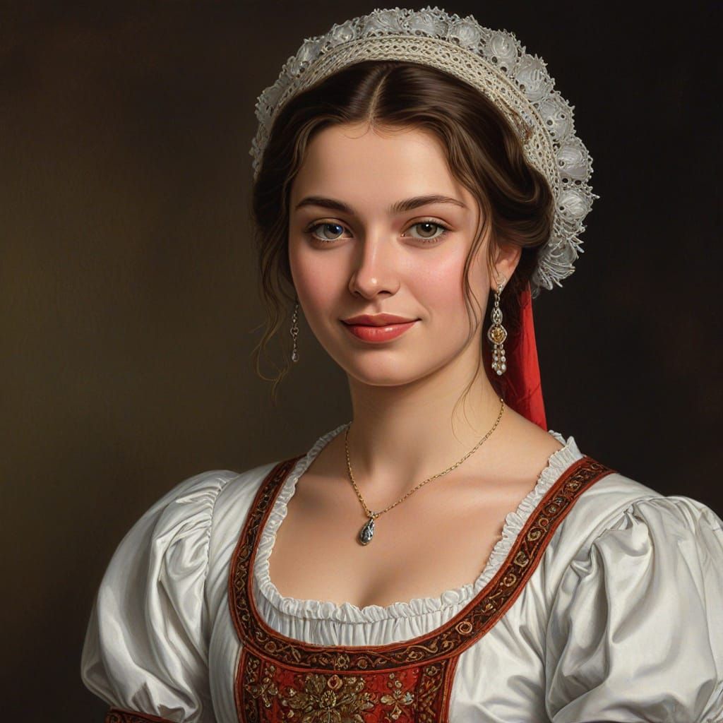 Beautiful Croat Woman in Traditional Attire as Rubens Oil Pa...