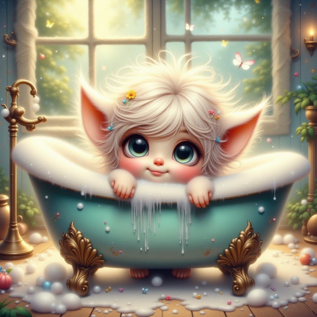 Cute Creature Relaxing in Bubbly Bathtub
