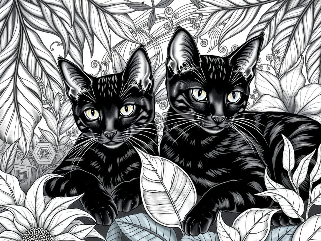 Art Deco Portrait of Regal Black Bengal Cats
