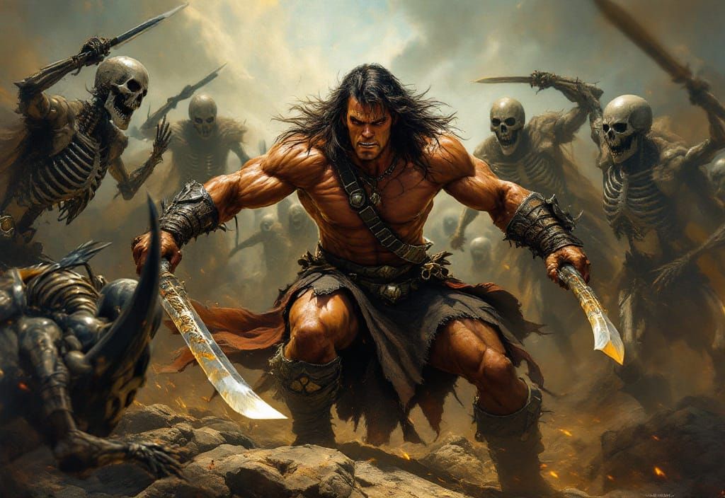 Conan Battles Skeletons in Heavy Metal Style