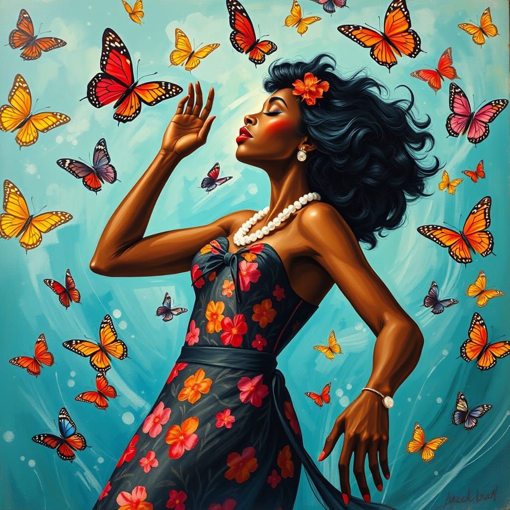Elegant Woman Dancing with Butterflies: Figurative Art