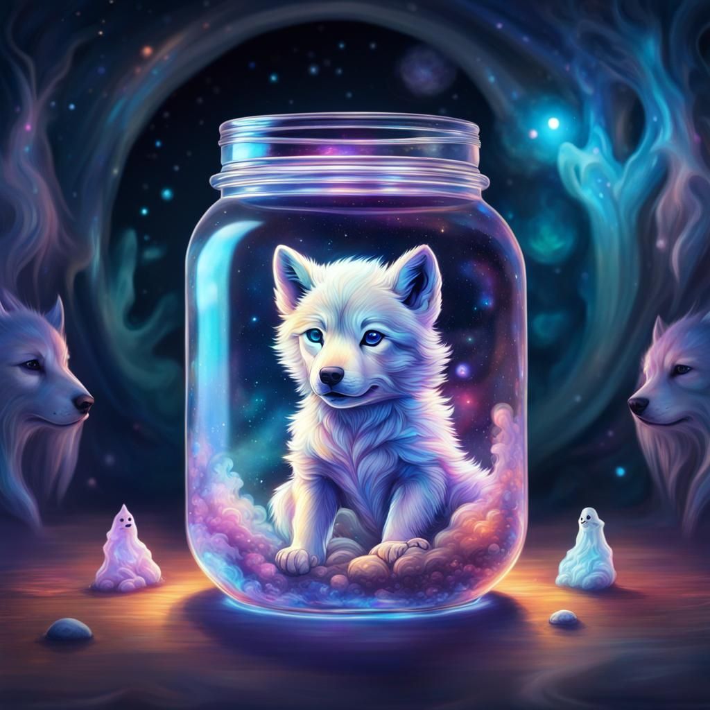 A jar with a baby wolf cub ghost inside