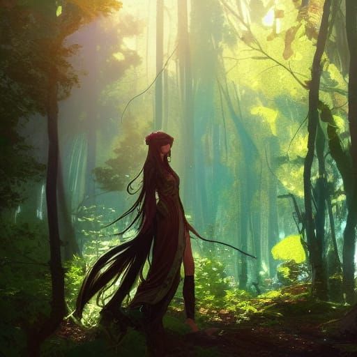 Elf Girl in Forest, Art Nouveau Style