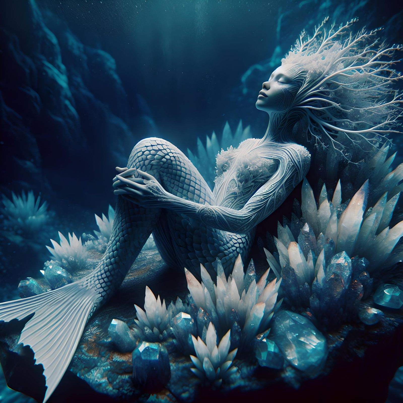 Hyperrealistic Mermaid with Intricate Design on Crystal Rock
