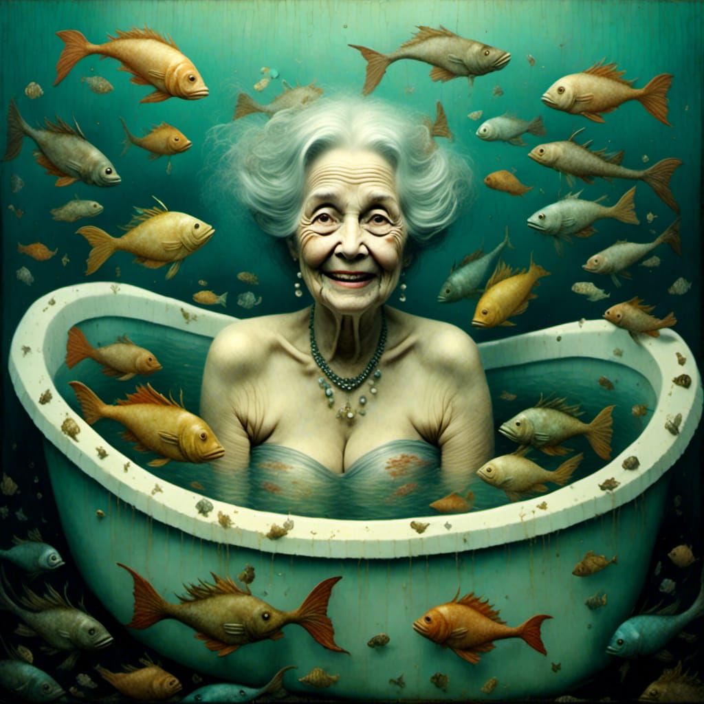 Eerie Mermaid: Old Woman in Fish-Filled Tub