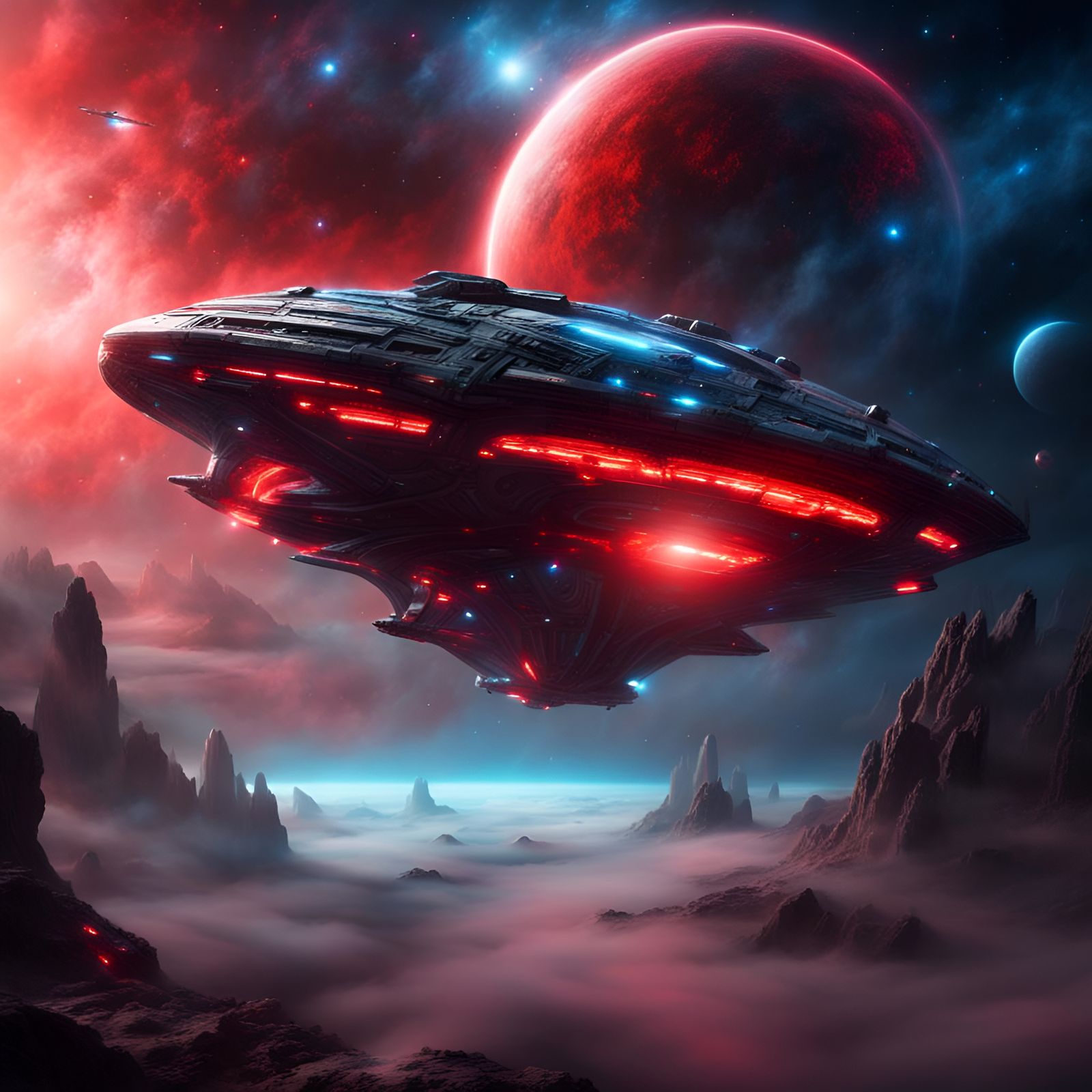 Sci-Fi Alien Spaceship Flying Through Nebula