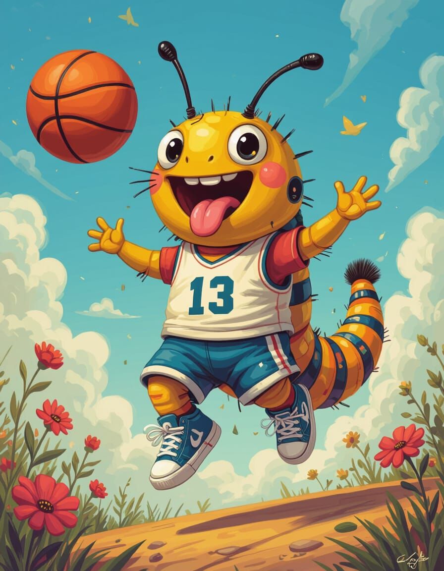 Cartoon Caterpillar Dunking Basketball in Whimsical Style