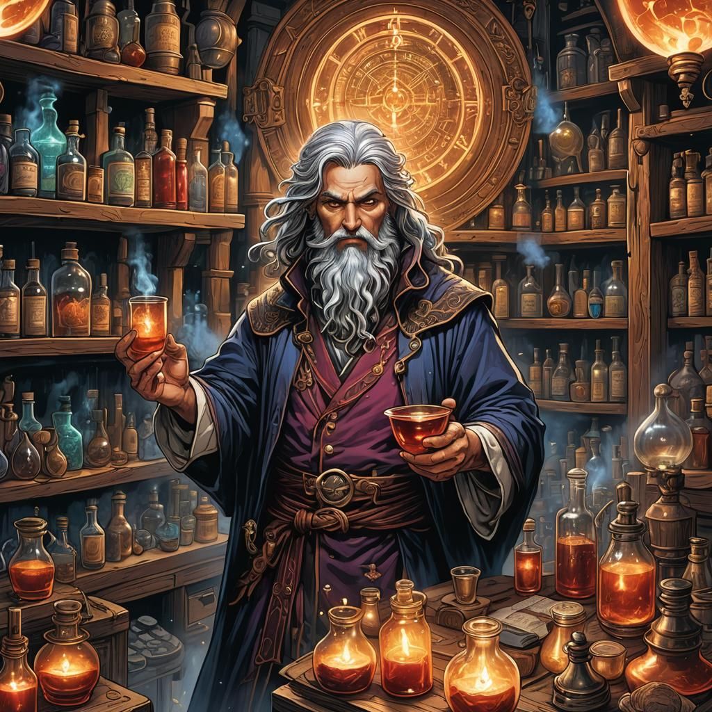 Alchemist Brewing Radiant Blood Potion in Mystical Apothecar...