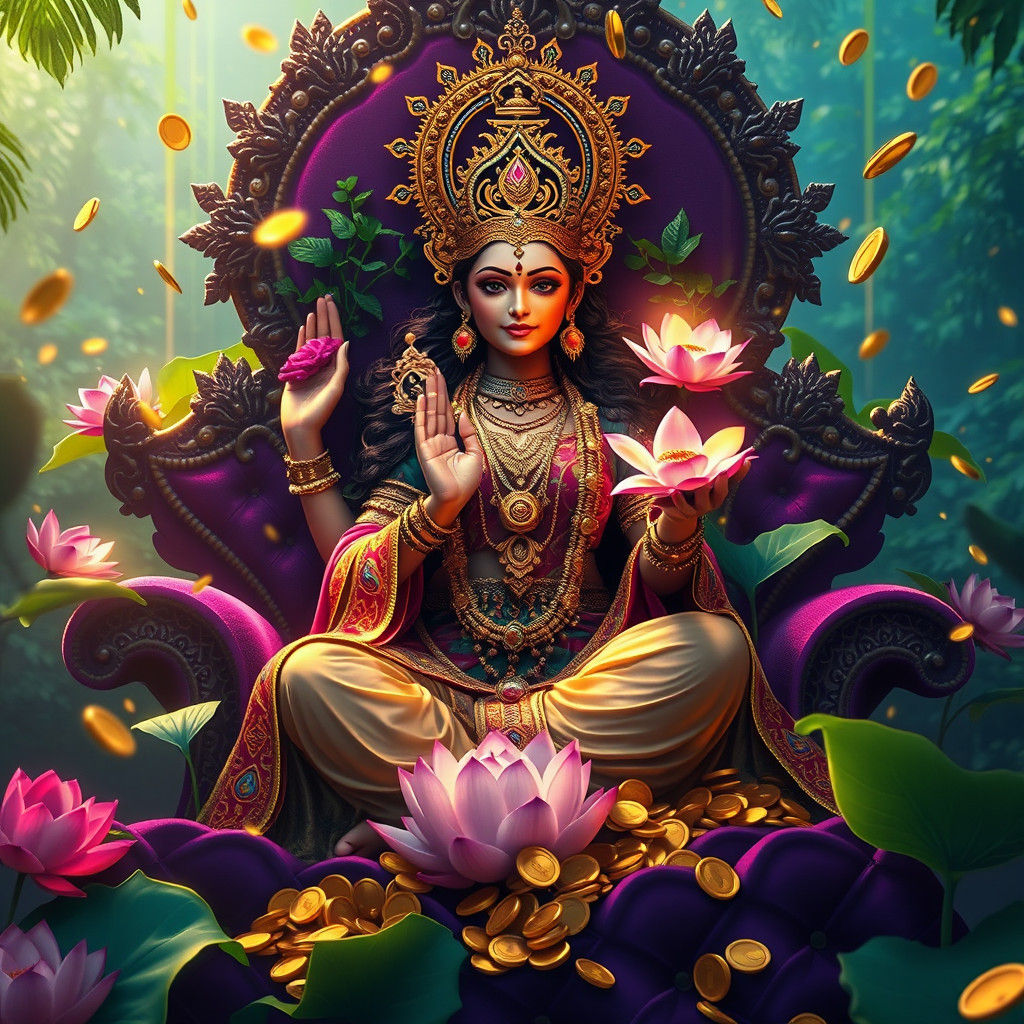 Goddess Mahalaxmi on Throne with Lotus and Gold