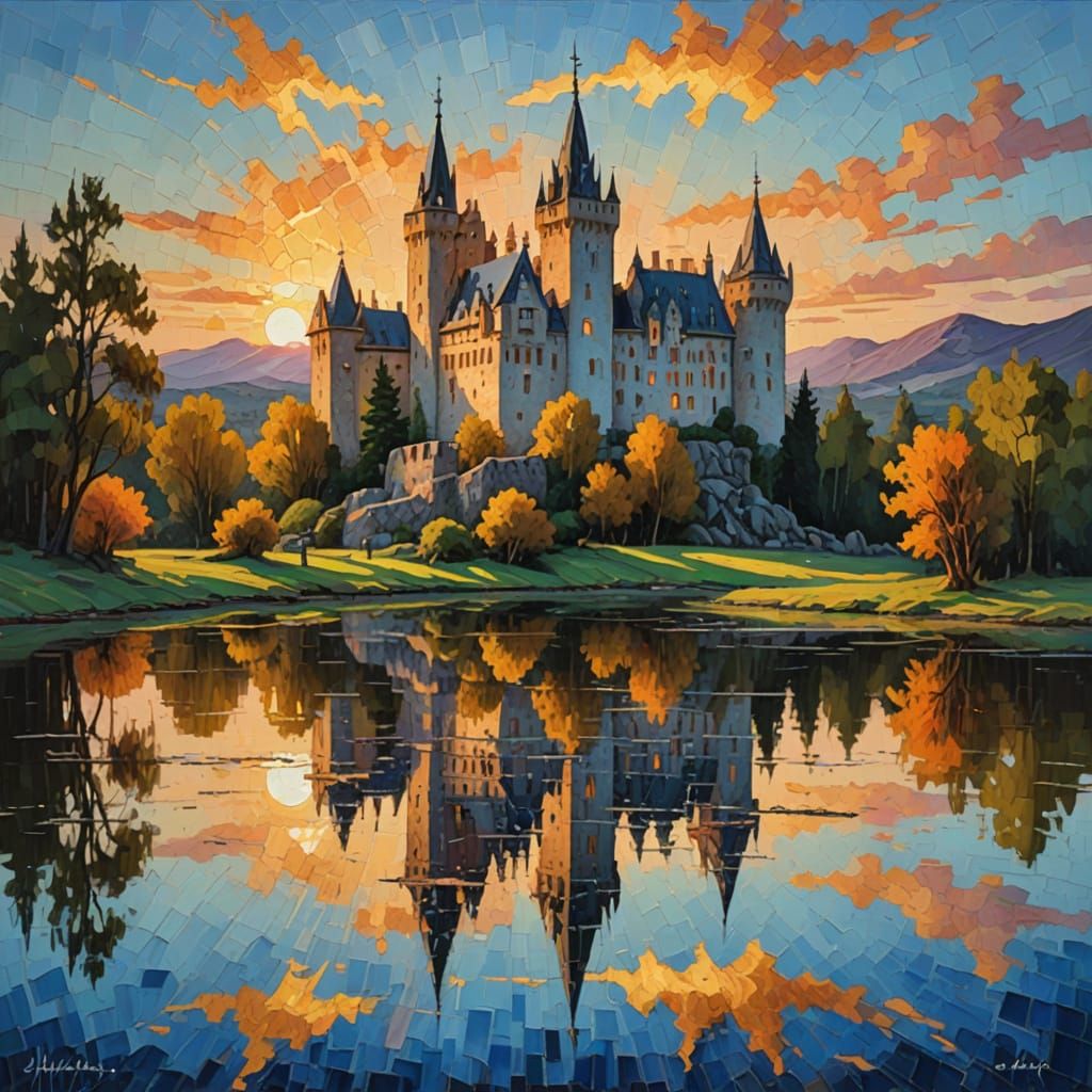 Impressionist Castle Reflection in Golden Hour