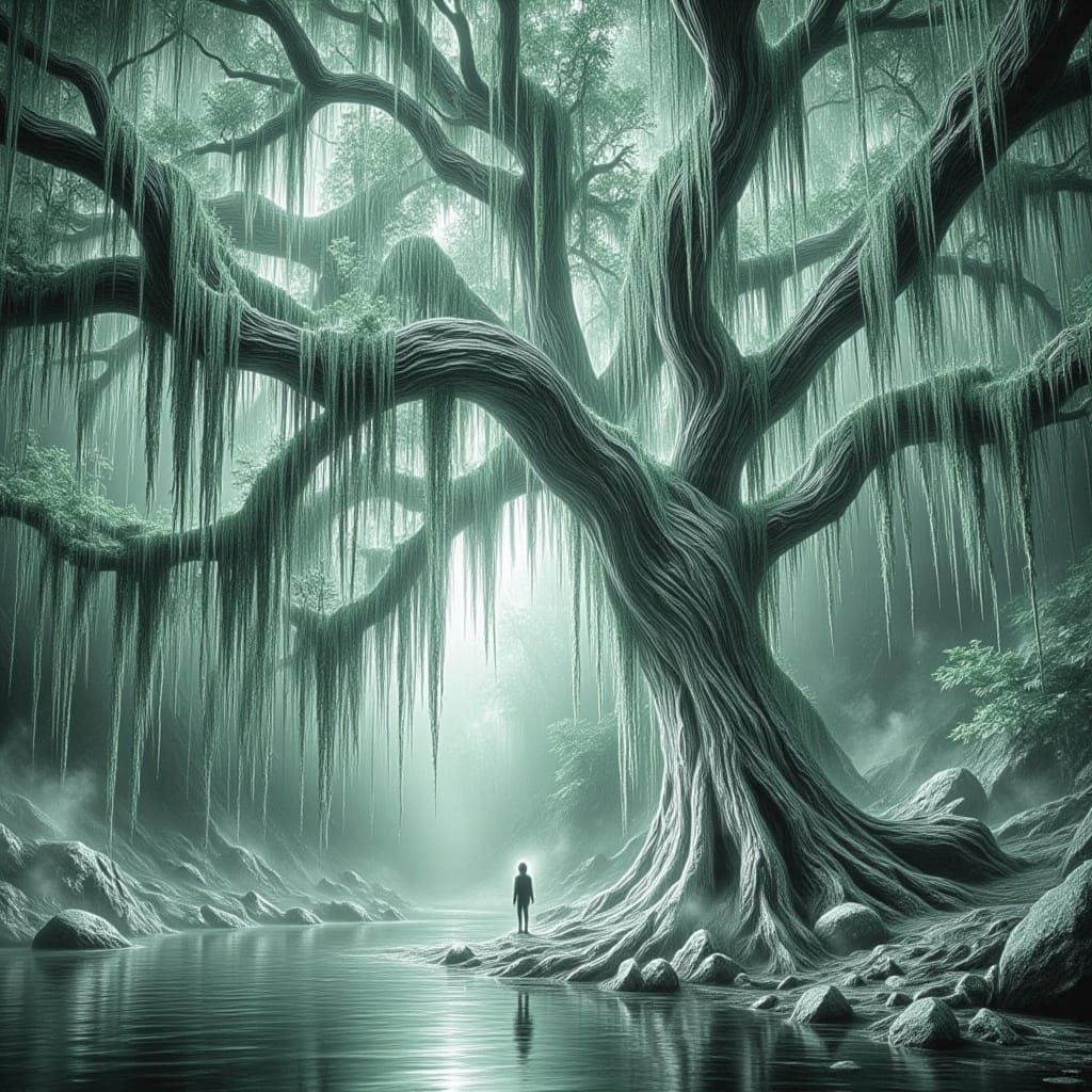 Majestic Giant Silver Willow Trees in Black and White Sketch