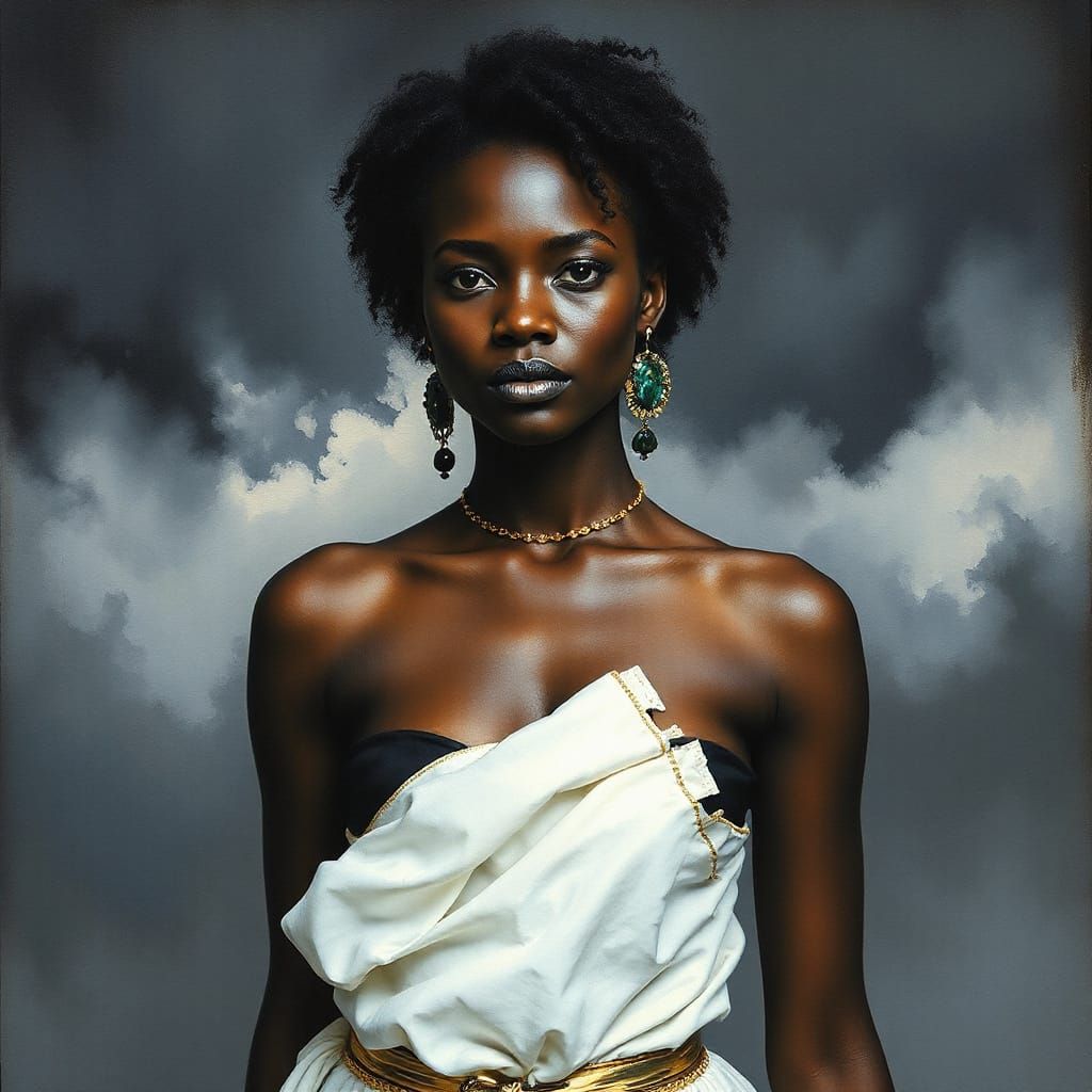 Elegant Black Woman in Minimalist Stormy Atmosphere
