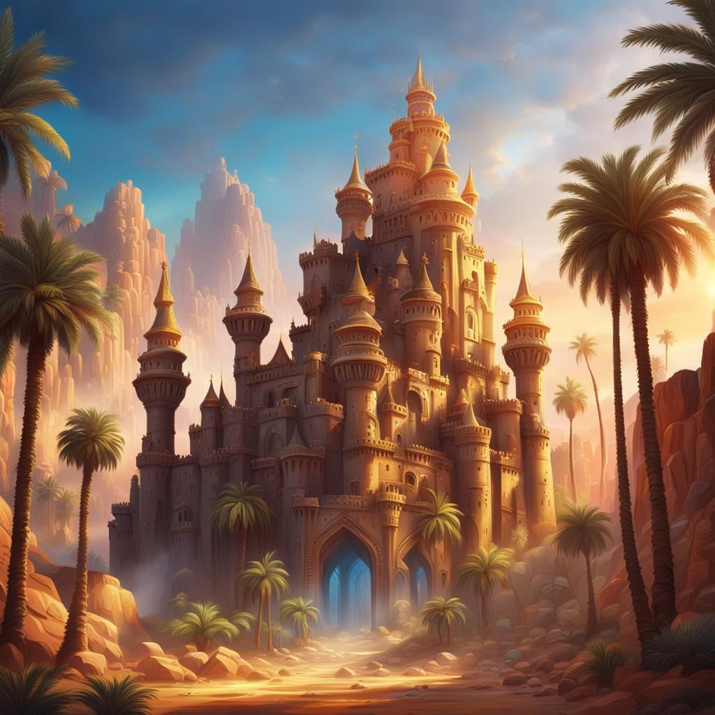 Ancient Desert Castle Oasis in Vibrant Digital Painting