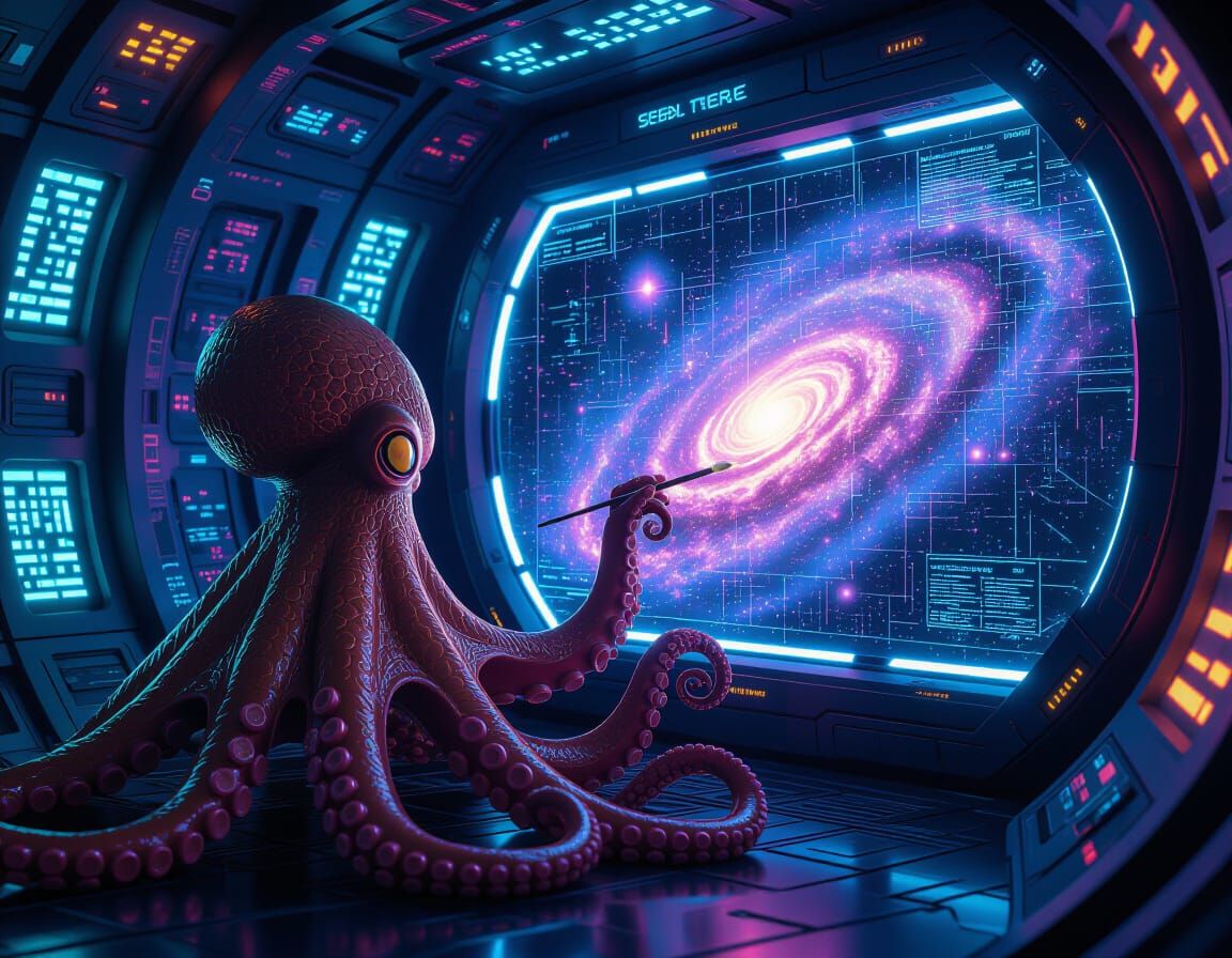 Octopus Alien Paints Cosmic Galaxy in Synthwave Style