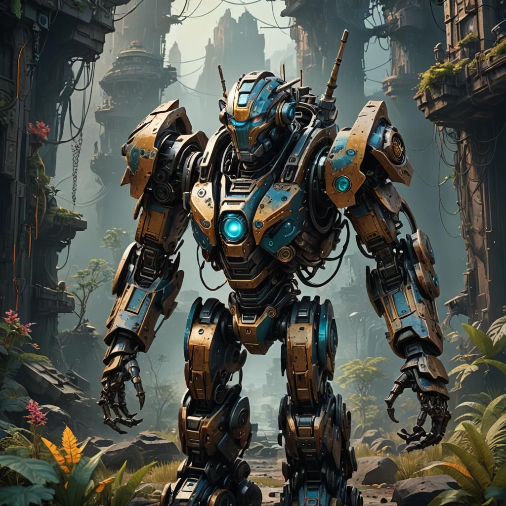 Fantastical Wild Robot in Detailed Matte Painting