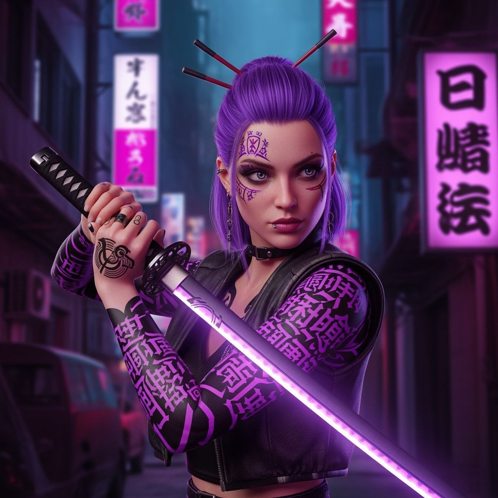 Cyberpunk Rebel with Katana in Tokyo Alley