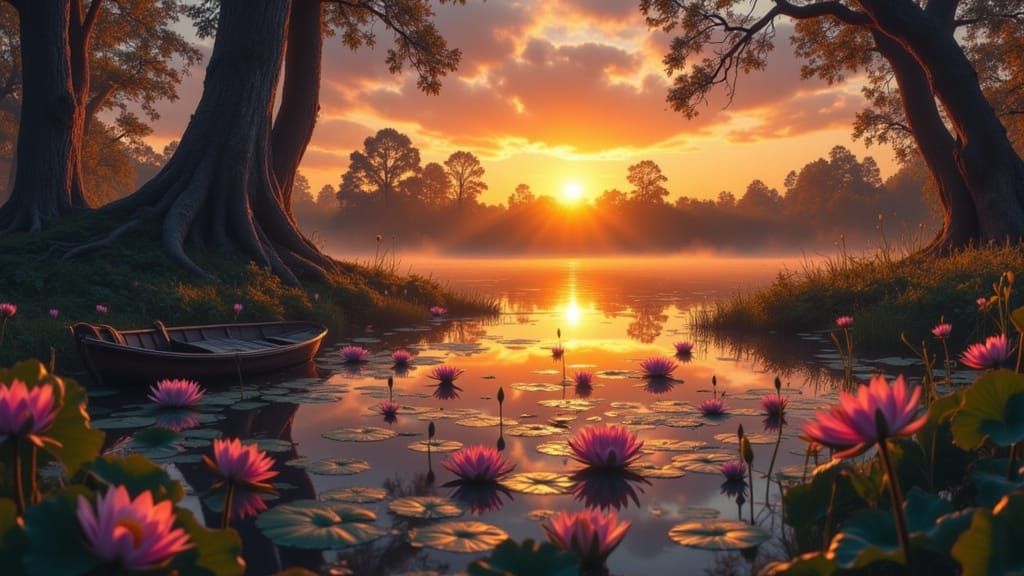 Surreal Marshland at Dusk with Fireflies and Golden Light