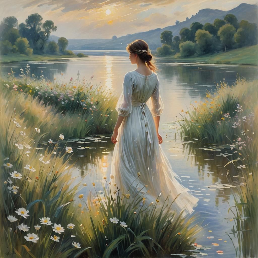 Impressionist Woman Gazing at Lake in Golden Light