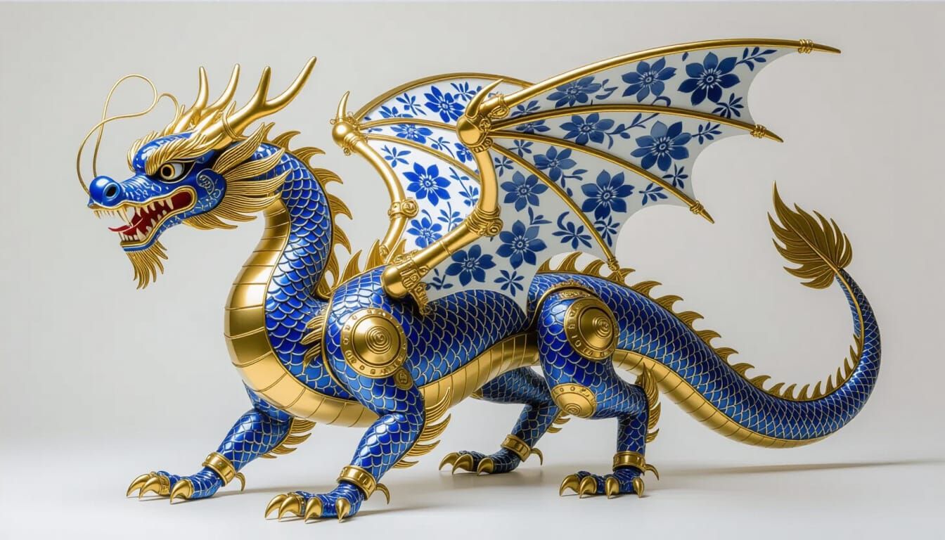 Steampunk Dragon with Blue and White Porcelain Wings