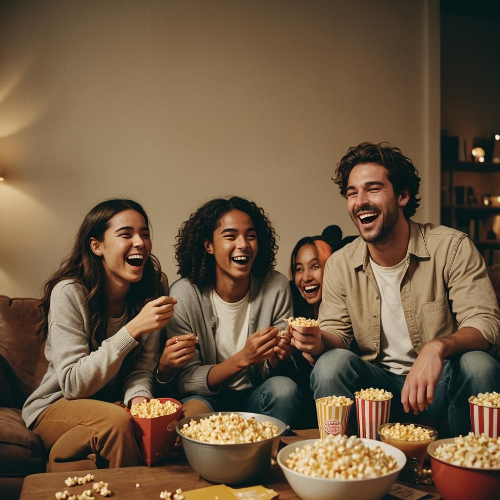 Friends Laughing While Watching Movie at Home