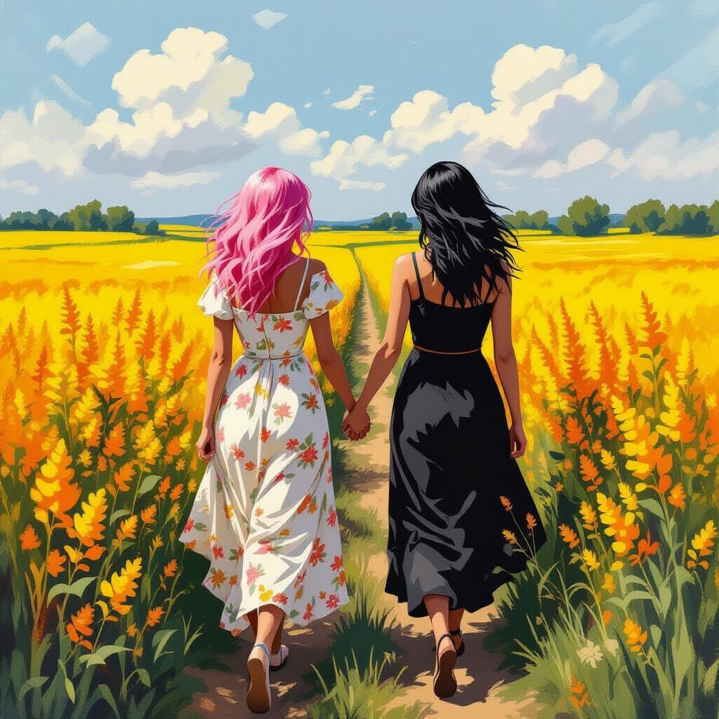 Two Women Strolling Through Goldenrod Field as Van Gogh Pain...