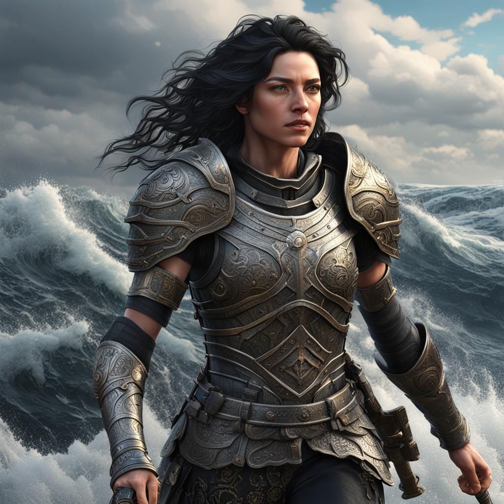 Armored Woman Walking by Faith in Rough Waters