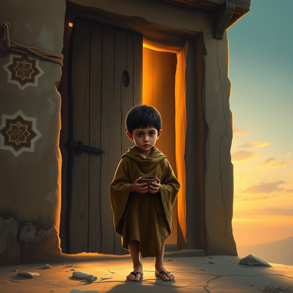 Orphan at Doorway: Matte Painting in Hopeful Light