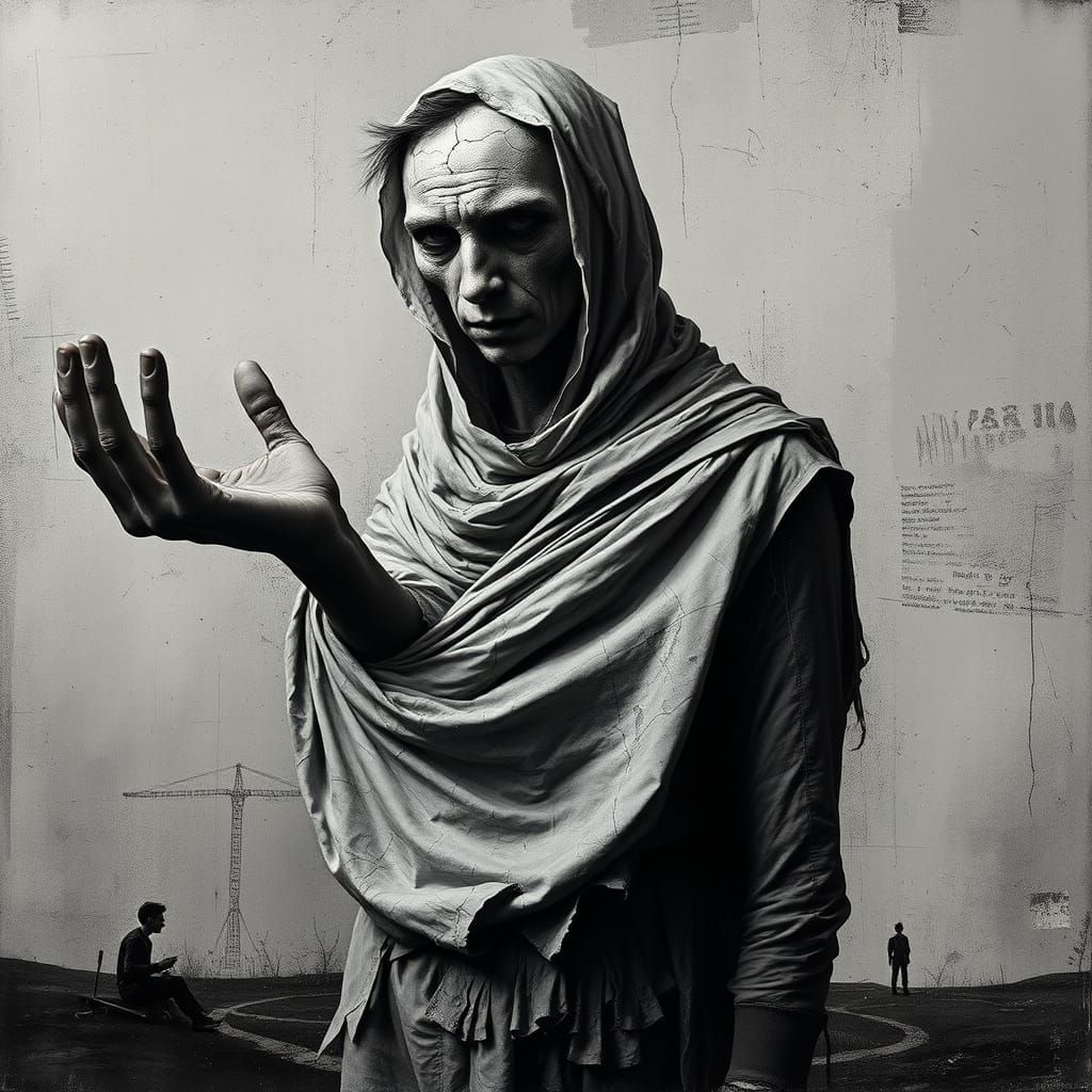 Melancholic Figure in Tattered Attire Reaches Out from a Cra...