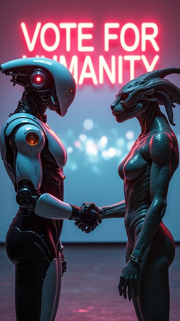 Futuristic Robot Meets Reptilian Candidate on Stage