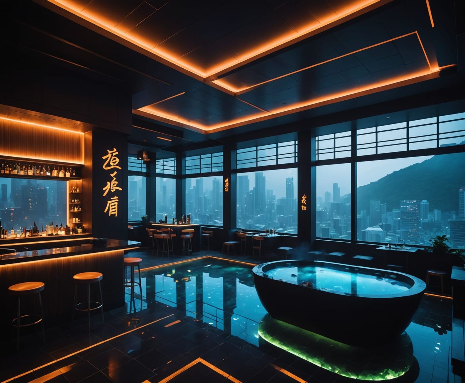 Cyberpunk Rooftop Bar and Onsen in Neon Megacity