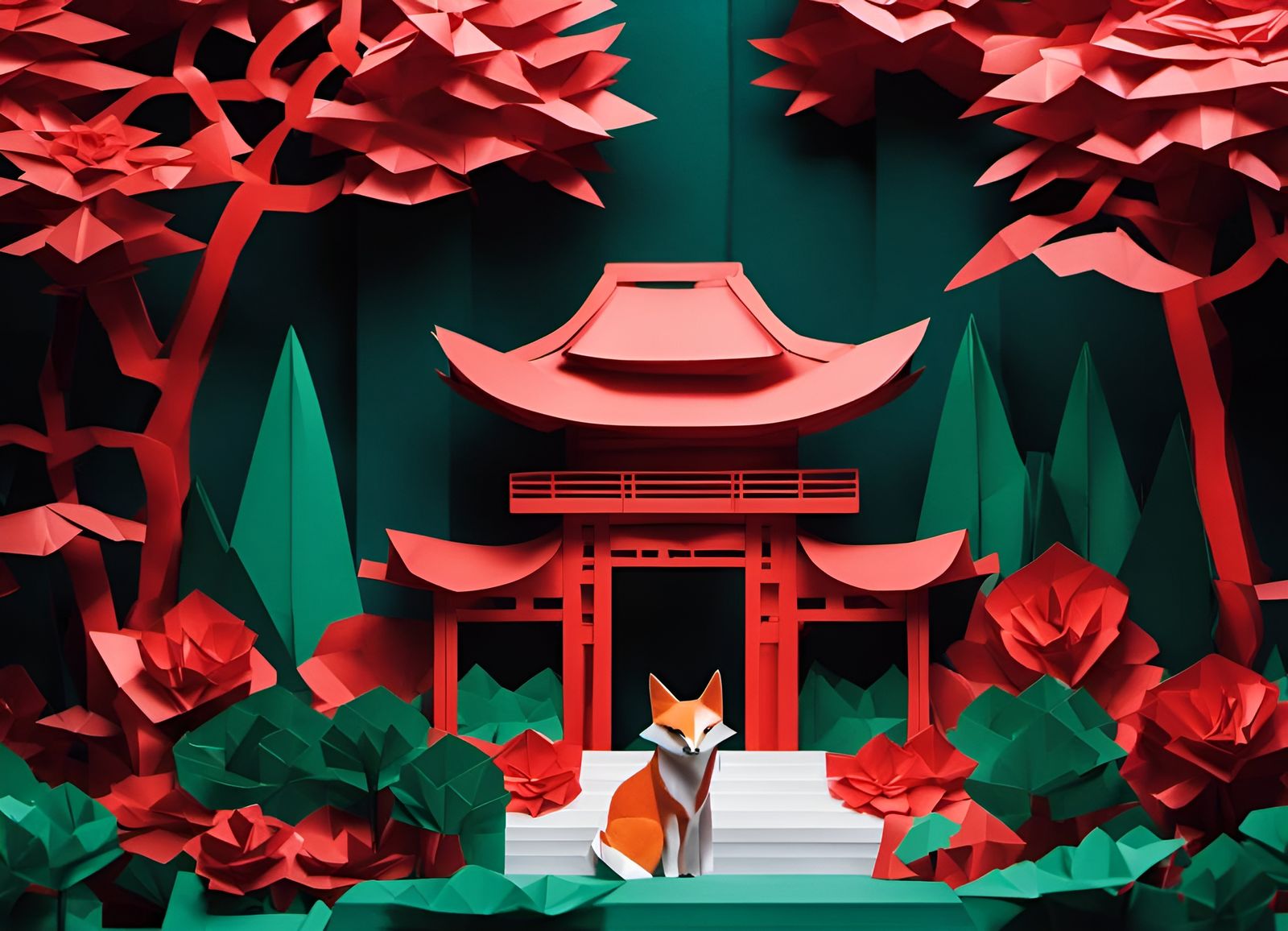 Paper Shrine of an Origami Fox Goddess