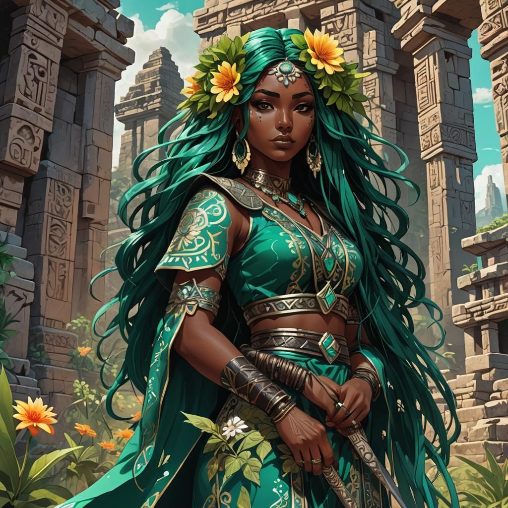 Latina Anime Girl with Obsidian Sword in Mesoamerican Ruins