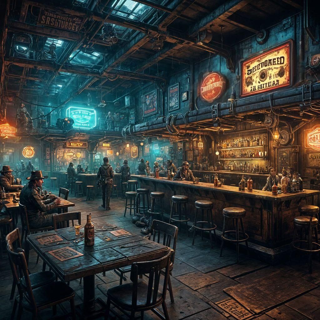 Sci-Fi Western Bar with Cyborgs in Gritty Style