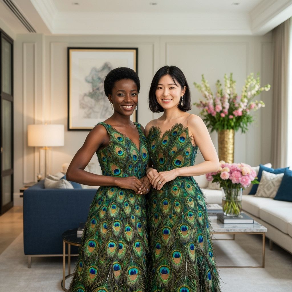 Elegant Women in Peacock Feather Gowns, Kelly Hoppen Style