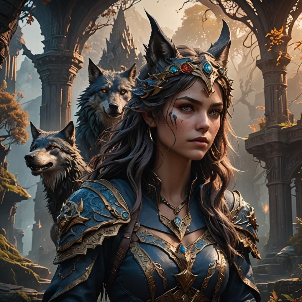 Detailed Wolfgirl Matte Painting in Deep Color