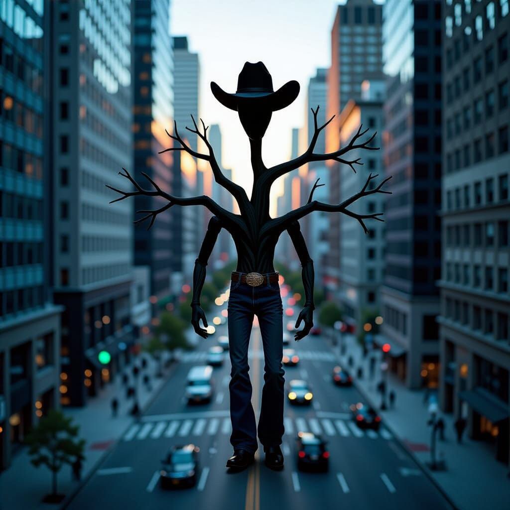 Giant Tree Walks Through City in Cowboy Hats