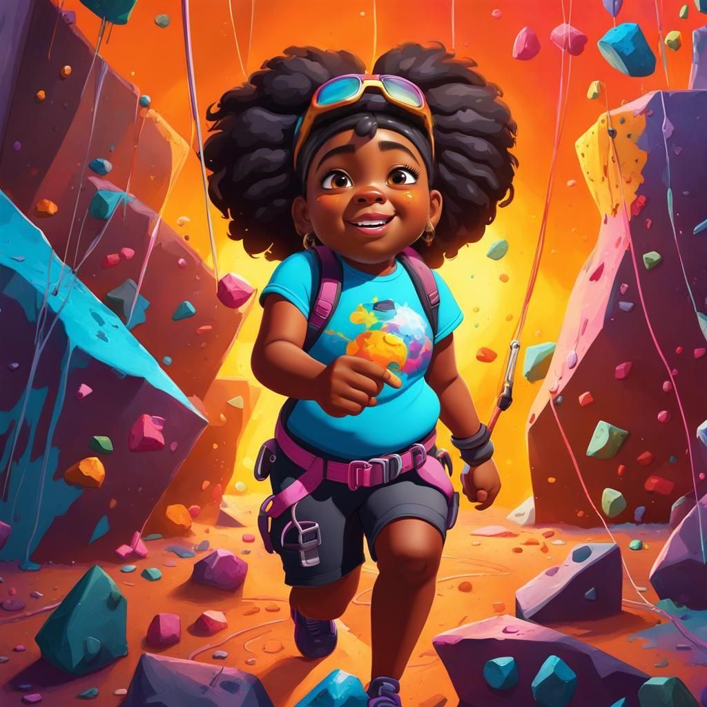 Girl Rock Climbing with Friends in Graffiti Art Style