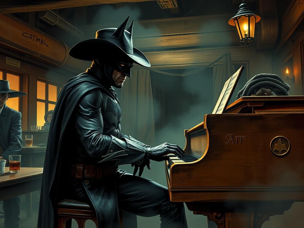 Batman the Dark Knight at night in a Wild West saloon playin...