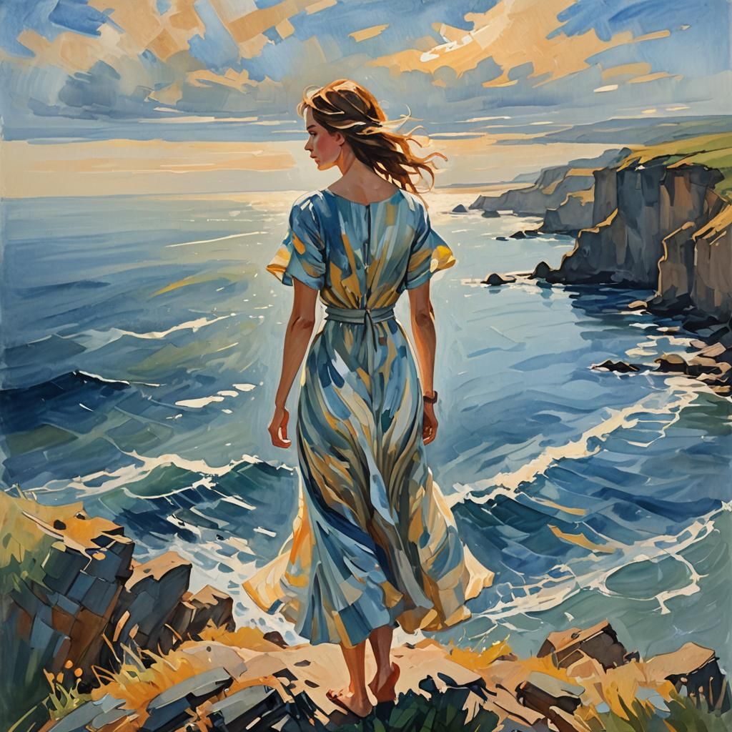 Impressionist Woman Gazing at Sea in Gouache