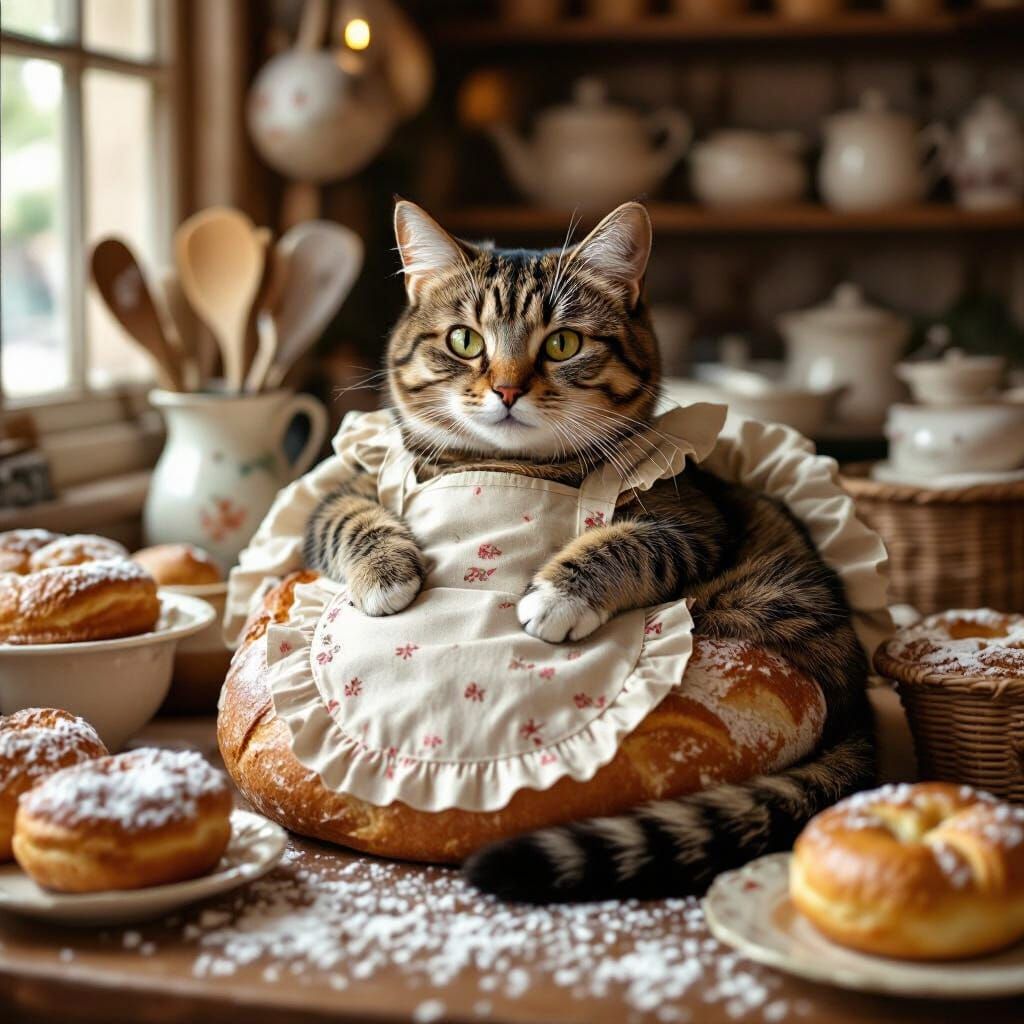 Whimsical Cat Loaf in Cozy London Bakery