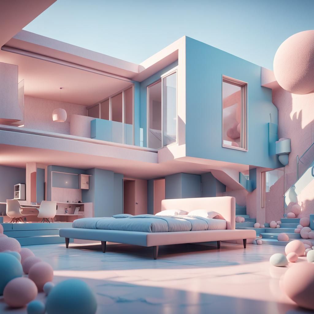 Abstract Home Architecture in Pastel Colors, 3D Render