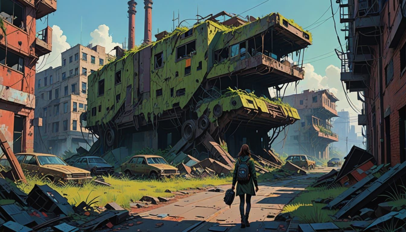 Post-Apocalyptic Woman in Ruins: Acrylic Painting